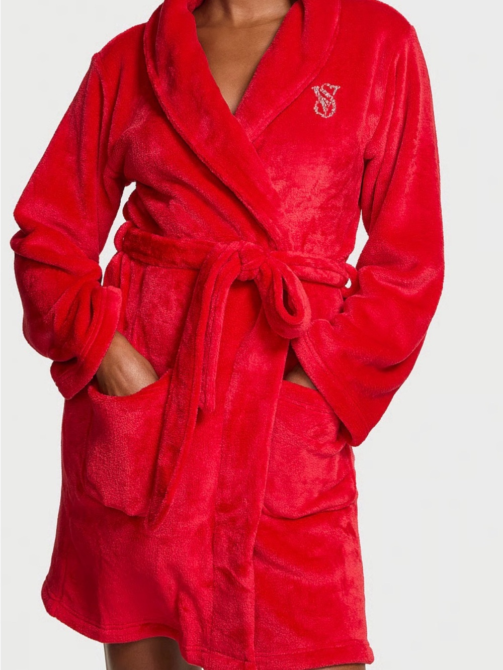 Victoria's Secret Plush Short Robe in Red with Embroidered Logo
